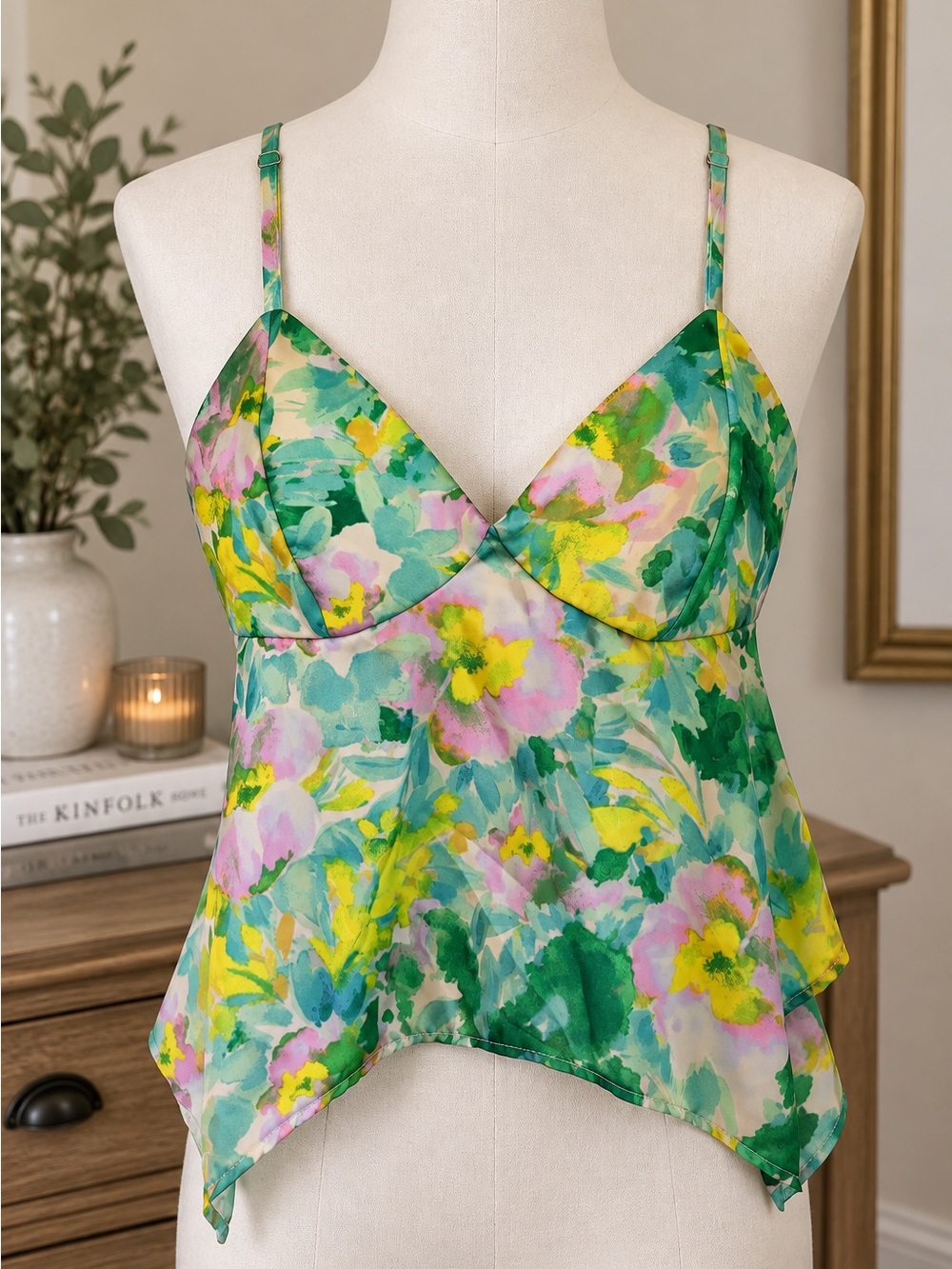 Watercolor Floral Handkerchief Hem Cami Top Size Small